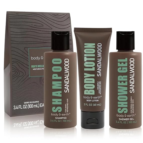 Bath and Body Gift Sets for Men - Sandalwood Scent Home Spa Gift Basket wity Shower Gel, Body Lotion, Shampoo | Birthday Gifts for Him