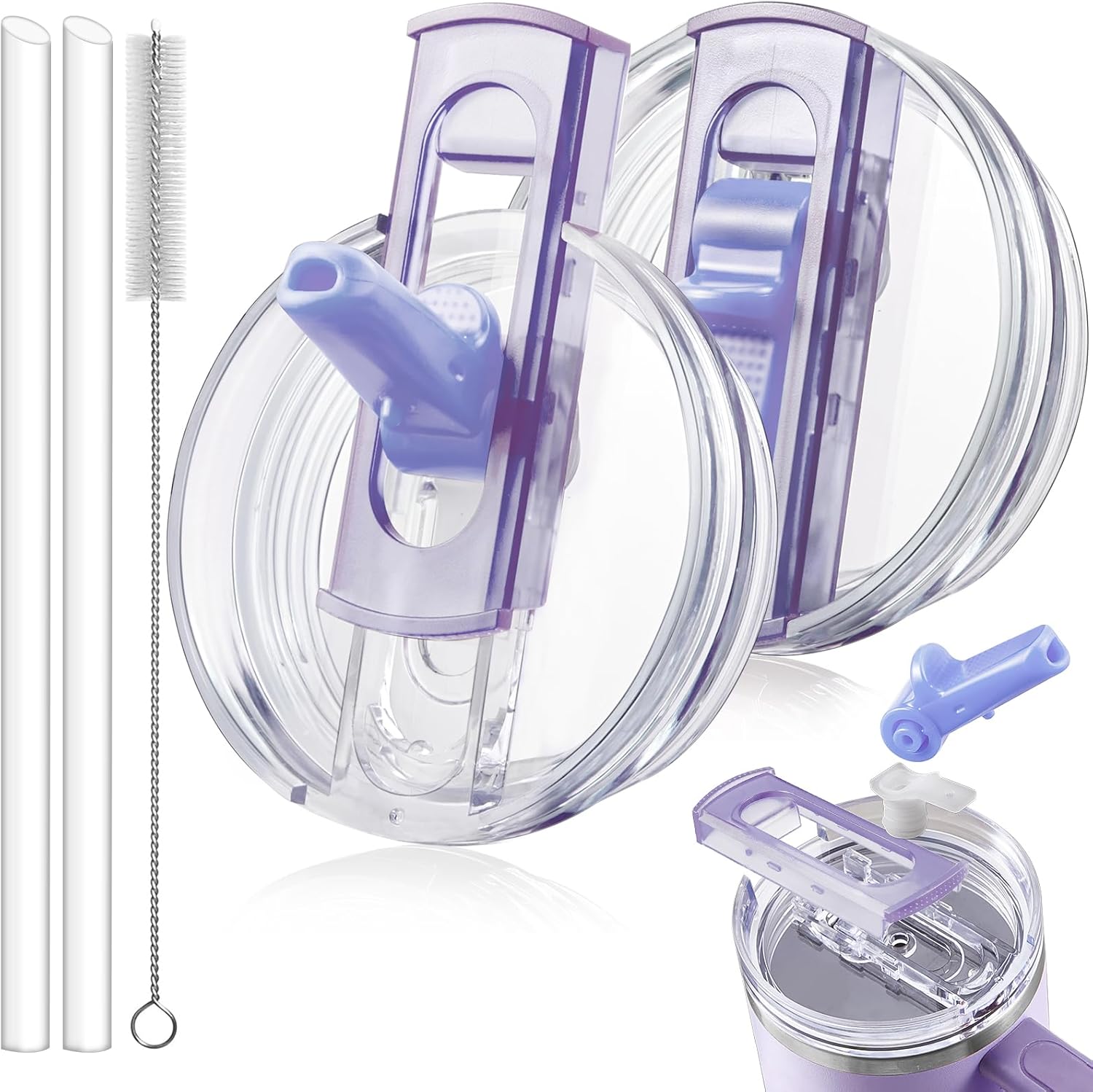 2 Pack Detachable Flip Straw Lid Replacement for 40 oz Stanley Quencher H2.0 & ProTour, Leakproof Spill Proof Lids Straw Cover for Stanley Cup Accessories 40oz, Easy to Clean (Purple,Purple)