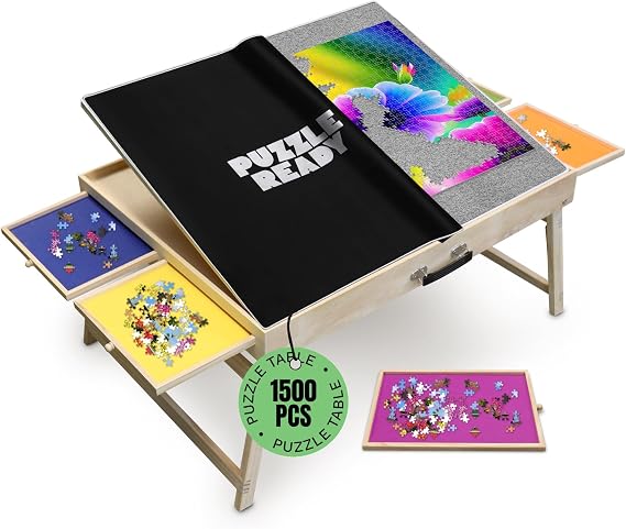 Puzzle Ready Jigsaw Puzzle Table with Drawers - 1500-Piece, Wood, 27 x 36 in - Color-Coded Puzzle Trays & Organizer - Adjustable 3-Tilt Angles on Assembly Board