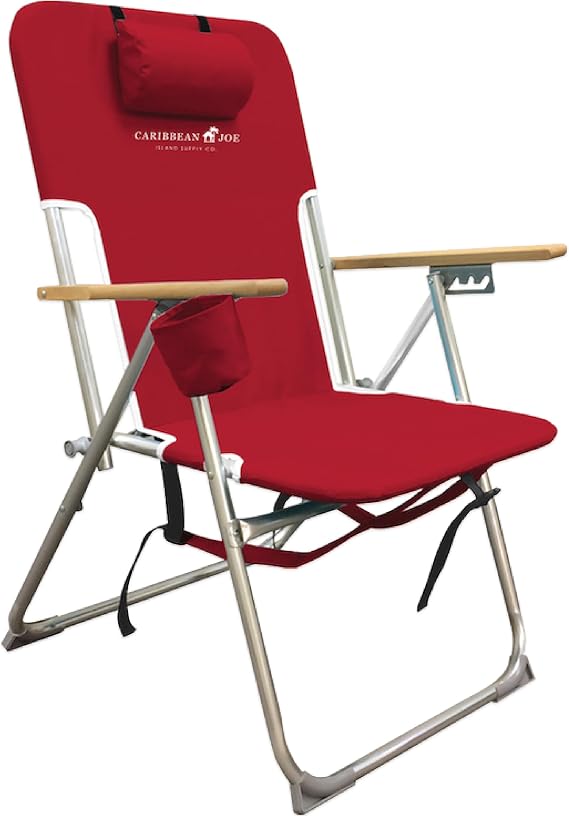 CARIBBEAN JOE Folding Beach Chair, 4 Position Portable Backpack Foldable Camping Chair with Headrest, Cup Holder, and Wooden Armrests