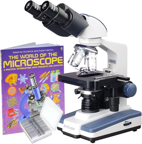 AmScope B120C-WM-PS25 2500X LED Lab Binocular Compound Microscope + Book