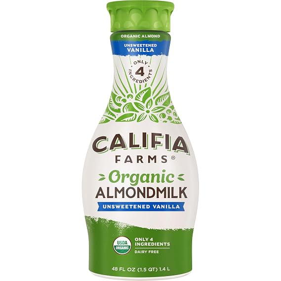 Califia Farms - Organic Vanilla Almond Milk, 48 Oz, Dairy Free, Vegan, Plant Based, Organic Milk, Non GMO, Low Calorie, USDA Organic