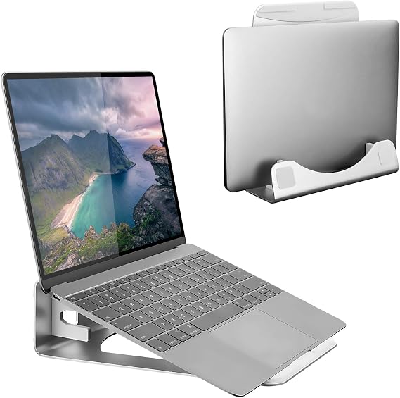 Mount-It! Vertical Laptop Stand for Desk, 2-in-1 Aluminum Laptop Holder & Angled Riser for 1115 Inch Laptops, Space-Saving Laptop Dock for External Monitor Setup, Silver