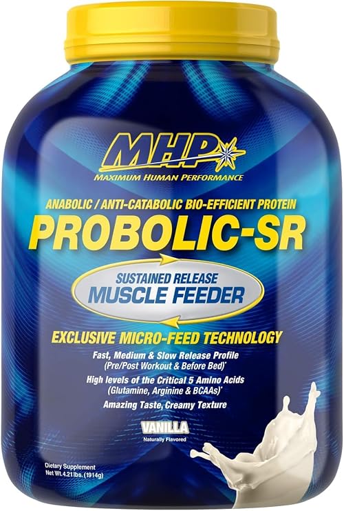 Maximum Human Performance Probolic-SR Sustained Release Protein Powder, 24g Protein, BCAAs, Glutamine, Arginine, Pre-Workout, Post-Workout, Nighttime Protein, 4lbs, 52 Servings, Vanilla