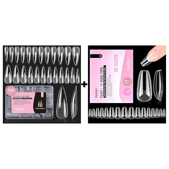 Beetles Gel Nail Tips Etch-X, Stiletto Medium, 288Pcs 12 Sizes, Pre-Etched Half Matte with Gel Nail Tips Flat-X - Coffin Medium, 320pcs 16 Sizes, Pre-Etched Half Matte