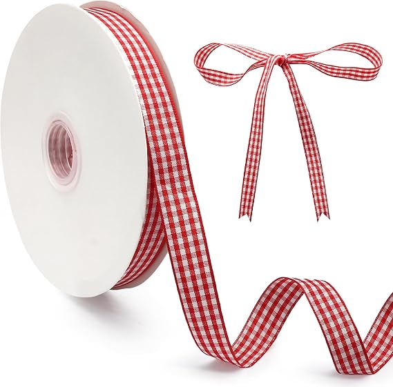 Bonsicoky Classic Red and White Gingham Ribbon, 5/8" x 50 Yards