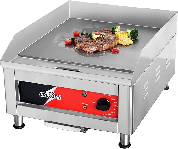 CROSSON ETL Listed 16"*16" Commercial Electric Countertop Griddle,Flat Top Griddles with Non-Stick 2/5" Thick Iron Cooking Plate for Restaurant and home use-120V/1750W,Spatula Included