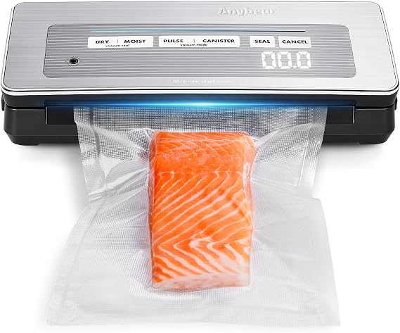 Vacuum Sealer Machine, 90kPa 120W Powerful Food Sealer Build-in Cutter and Bag Storage, Digital Countdown Display, Dry&Moist Mode, Wide Seal, 2 Bag Rolls & 5 Pre-Cut Bags for Food Saver (Dark Silver)