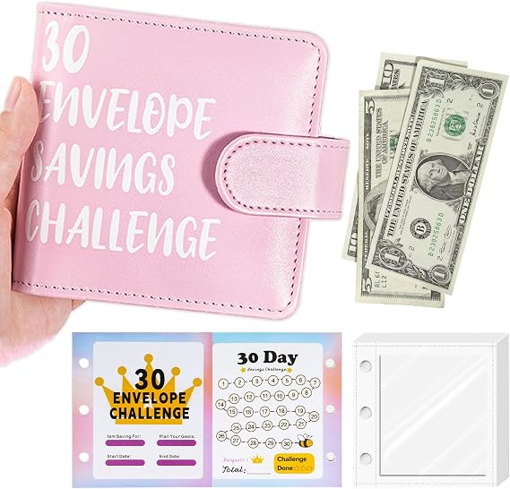Mini Money Challenge Binder, 30 Cash Envelopes & Budget Tracker, PU Leather | Beginner-Friendly, Portable & Durable, Waterproof & Tear-Resistant, Easy to Track Savings, Gift for Budget Lovers, Pink