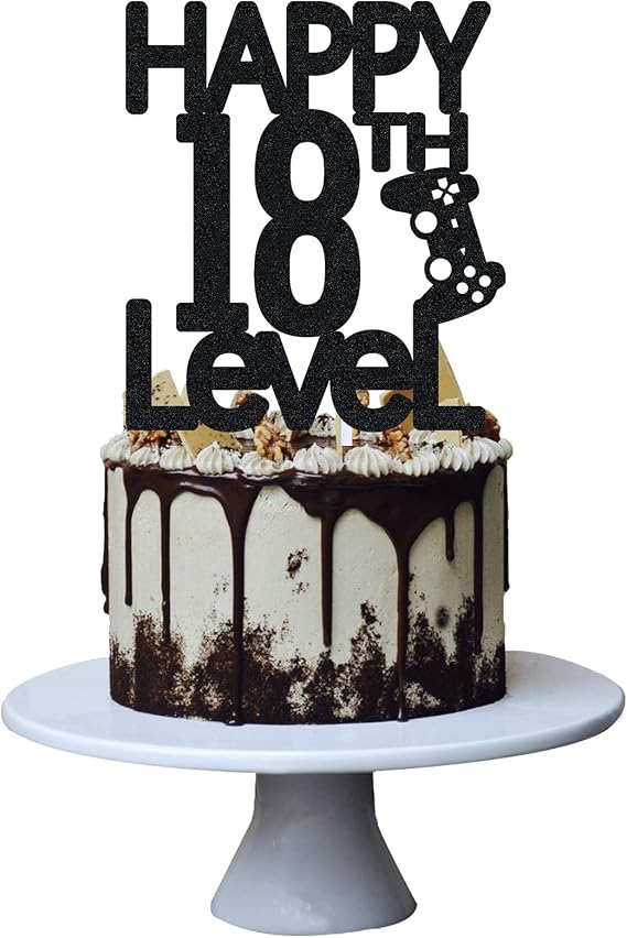 Level 18th Birthday Cake Topper for Boy 18 year Video Game Theme Party Decoration , Handmade (Black)