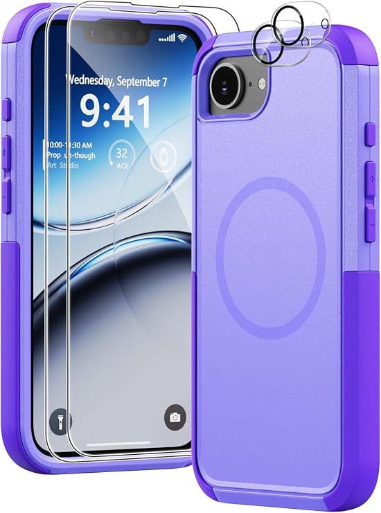Heavy Duty Case for iPhone 17e & iPhone 16e - Military Grade Drop Proof Protective Cover [Compatible with MagSafe],with Screen Protector, Shockproof, Anti-Slip (Purple)