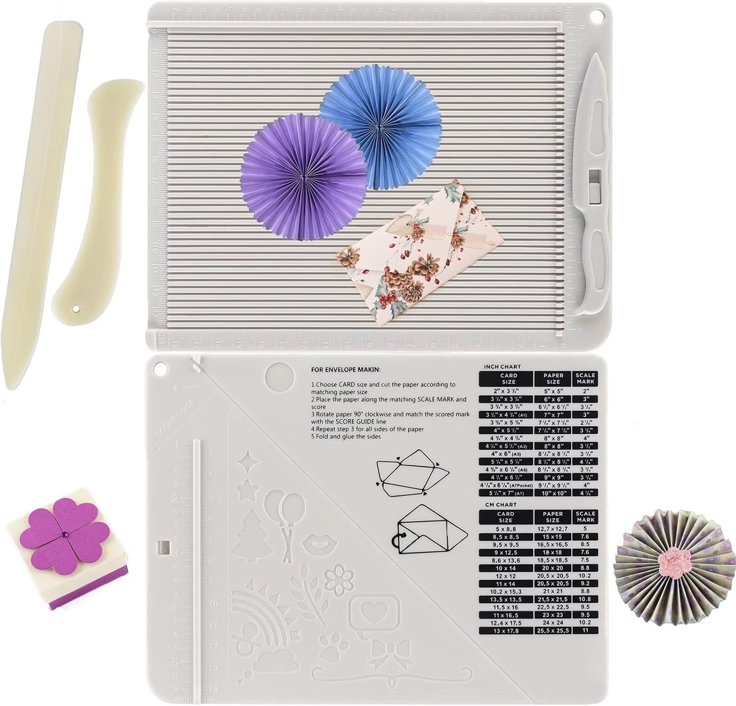 4PCS 6.4"x 8.5" Mini Score Board Multi-Purpose Scoring Board Envelope Maker with Bone Folder and Guide for Card Making and Paper Crafts Arts Projects Multi-Purpose Scoring Board & Score and Fold Tools