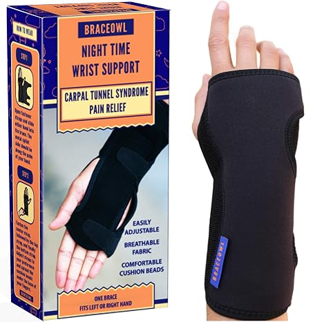 BRACEOWL-Carpal Tunnel Wrist Brace Adjustable Night Splint for Pain Relief, Tendonitis & Arthritis Fits Left or Right Hand, Support for Men & Women