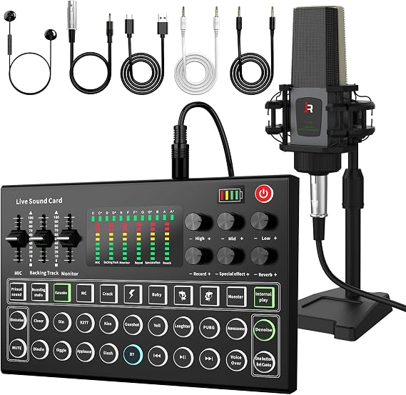 RHM M9 Podcast Equipment Bundle, All-in-One Starter Kit with Condenser Microphone & Tripod, Support Guitar or Bass Connection, 8H Battery, Portable Sound Mixer for TikTok, YouTube, PC, Smartphone
