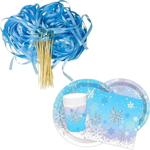 Snowflake Wonderland Party Supplies - Disposable Blue White Freezing Winter Tableware, 40pcs Fairy Ribbon Party Streamer Wands and Christmas Snow Themed Paper Plates Napkins Cups