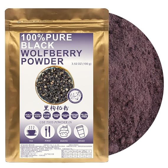100% Natural Black Wolfberry Powder , 100g/3.52oz | Pure Black Goji Berry Powder For Smoothies, Shakes, Baking & Drinks. Sweet Berry Flavor. Black Goji Powder.