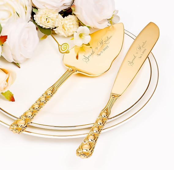 Wedding Cake Knife and Server Set, Personalized Gold Cake Cutting Set for Wedding, Engraved Classic Cake Knives Cutter Set, Pie Server, Birthday Bridal Quinceanera Gift (CUS-Bow)