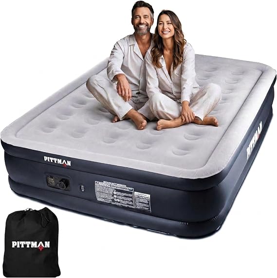 Pittman Outdoors Queen Air Mattress 18 Black Double High, Queen Air Mattress with Built in Pump, 600lb Capacity, Portable Inflatable Bed with Carry Bag, Blow Up Mattress for Guests, Home & Travel