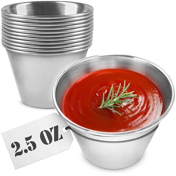 12 Pcs Reusable Dipping Sauce Cups - 2.5 Oz Stainless Steel Stackable Condiment Cups, Sauce Ramekins 2.3" Diameter - Metal Ramekins for Sushi, Wings, Charcuterie, Tasting Plates, Meal Prep & Sauces