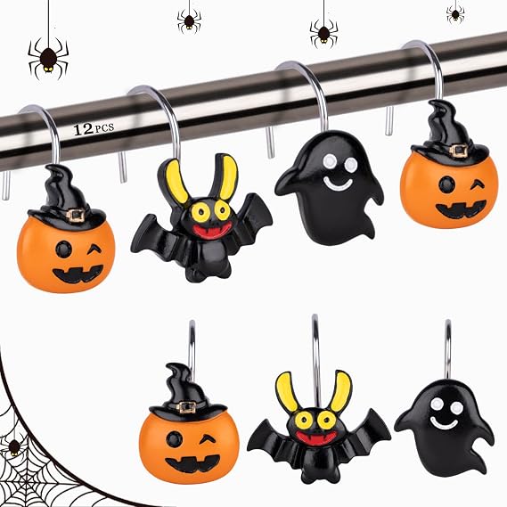 Halloween Shower Curtain Hooks Cute Bats Halloween Decoration Pumpkin Ghost Shower Curtain Rod Hooks Black Halloween Decorations Bathroom Hooks for Shower Hooks for Shower Curtain Decorative Hooks