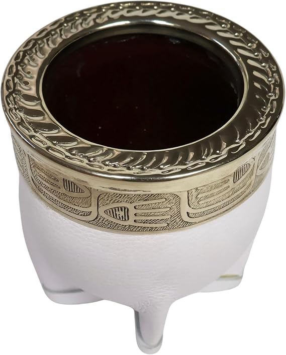 [Premium Yerba Mate Cup (Mate Gourd) - Crafted Ceramic Teacup Coppery Brown Leather Wrapped Handmade in Uruguay - Mate Imperial - Imperial Style (White)