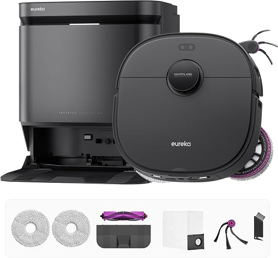 Eureka J15 Max Ultra Self-Emptying Robot Vacuum Combo All-in-one, 22,000 Pa Suction 176F Hot Water Wash 131F Hot Air Dry Self-Cleaning Base Tray, Flex-Arm Mop Anti-Tangle RTCam AI Obstacle Avoidance