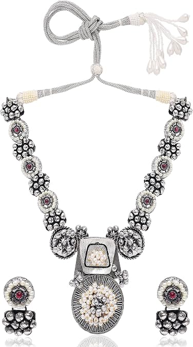 I Jewels Silver Oxidized Indian Wedding Bollywood Jewellery Antique Long Necklace Set with Earrings for Women (MC090-96) (Style6)