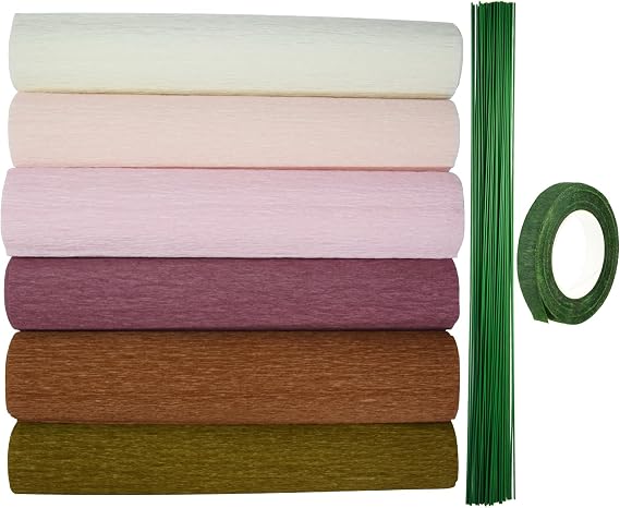 57 Pcs Brown Crepe Paper Flower DIY Kits 6 Rolls Crepe Paper Sheets 50 Pcs Floral Iron Wires 10 Inch x 8 Feet Crepe Paper Sheets for Birthday Party Wedding
