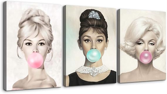 Denozer 3 Panels Beauty Portrait Canvas Wall Art, Audrey Hepburn and Brigitte Bardot with Colorful Bubble Gum Picture Prints Wall Decor, Idol Art for Living Room - 12"x16"x3 Panels