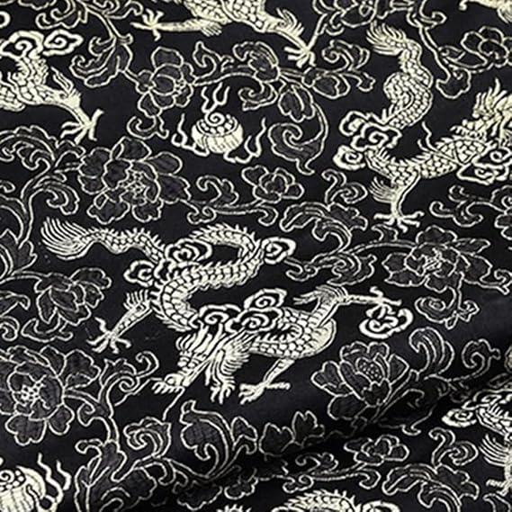 Faux Silk Chinese Dragon Satin Fabric Craft Brocade Damask Embroidery Rayon Brocade (Black Silver,59x39 in/150x100 cm)