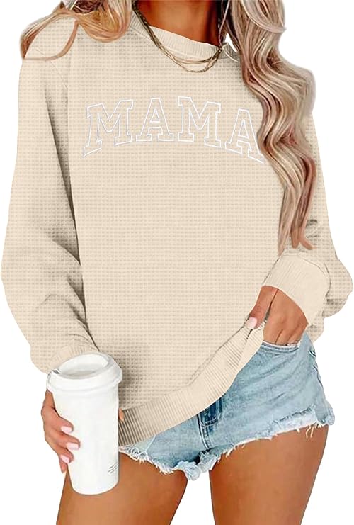 Ithalt Mama Sweatshirt for Women: Embroidered Mama Shirts Mom Pullover Long Sleeve Tops Waffle Knit Sweatshirts