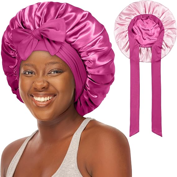 Double-Layered Silky Satin Bonnet with Tie, Large Women Sleep Cap