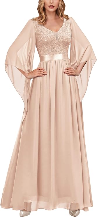 Miusol Women's Deep-V Neck Lace Contrast Sequin Formal Evening Maxi Dress