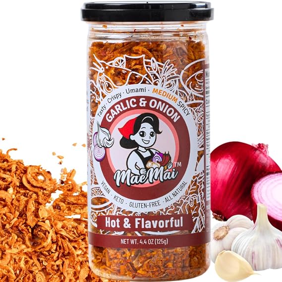 MaeMai Crispy Onion Garlic Flakes (MEDIUM HOT) Chili Crisp Topping, Chili Oil Without the Oil, Crunchy Fried Onion & Garlic, Ramen Rice & Salad Topping, Gluten Free, Vegan, 5.47 oz (155g) Resealable Bottle