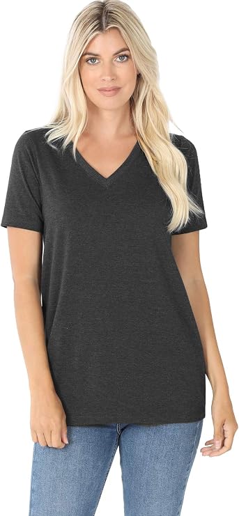 Zenana Cotton V-Neck Short Sleeve TEE Charcoal S