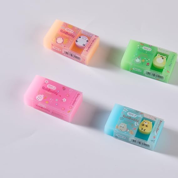 Eraser Set with Cute Character Designs, Square Shape, Rubber Material, Pack of 4