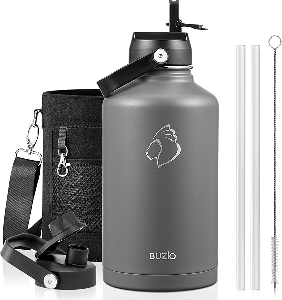 BUZIO 64 oz Insulated Stainless Steel Water Bottle with Dust-proof Lids