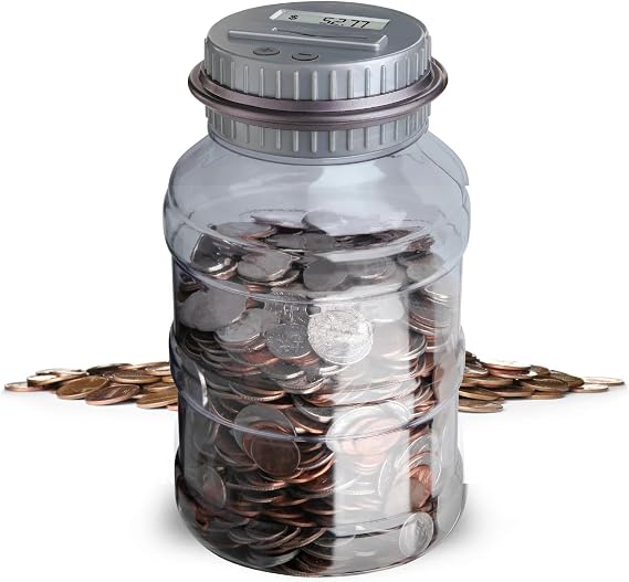 BUYTER Digital Coin Jar with LCD Screen, Keeps Track of Balance, Twist Off Lid, US Currency, Battery Operated, 1-Pieces, Grey Decor Piggy Transparent Tin, Smart Coin Piggy Banks, Savings jar