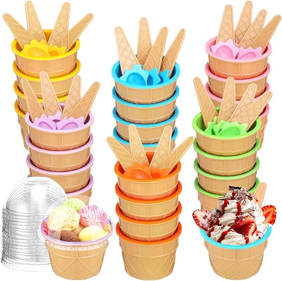 Jingmore 72 Pcs Plastic Ice Cream Bowls and Spoons Set Reusable Ice Cream Cups with Spoons and Lids Cartoon Candy Color Sundae Cups for Summer Sundae Frozen Yogurt Summer Holiday Party, 6 Colors