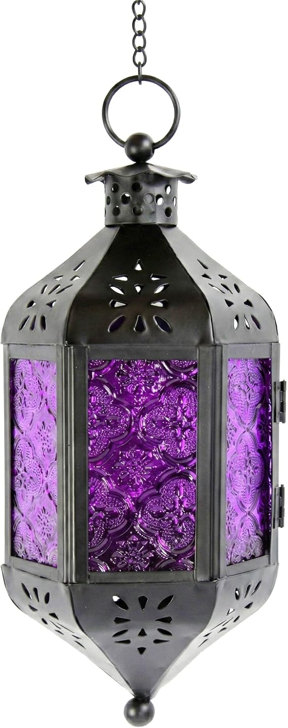 Vela Lanterns Gothic Candle Holder, Hanging Lantern Indoor Lamp, Witchy Whimsigoth Home Decor, Decorative Moroccan Purple Glass Halloween & Vampire Decorations, Metal with 12 Chain, Purple Glass
