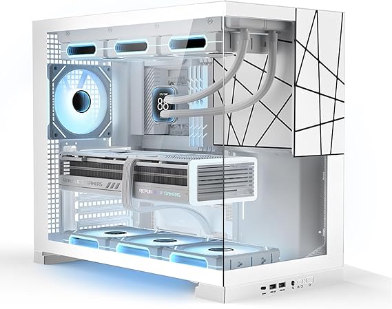 ATX Gaming PC Case, Mid Tower Computer case with Dual Chamber for Cable Management, 270 Panoramic Unique Desktop Chassis, Rear ARGB Fan pre-Installed, for BTF ATX/MATX Mobo, 360 AIO (White, 120mmx1)