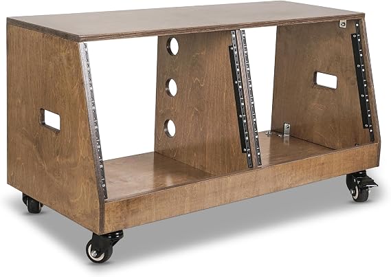 Sound Town DIY 2 x 8U Slanted Studio Rack with Solid Baltic Birch Plywood, Casters, Weathered Brown for Recording Room, Home Studio (SDRK-D8TB)