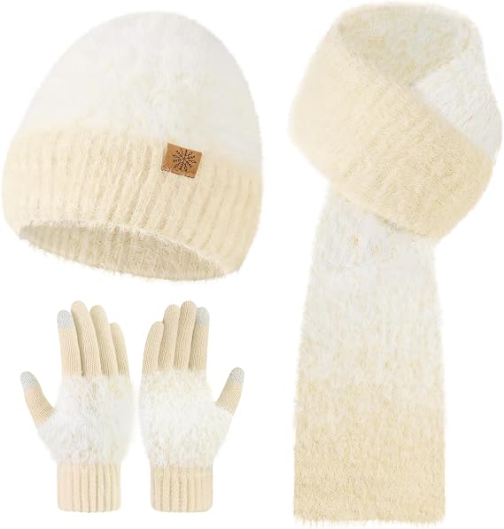Winter Beanie Hat Scarf Gloves Set for Women, Warm Soft Knit Skull Cap Long Scarf Touchscreen Gloves 3 in 1 Set