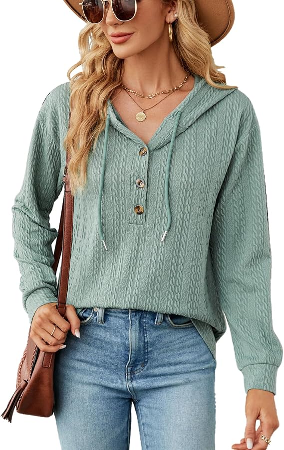 Nuofengkudu Women's Casual V Neck Button Down Long Sleeve Solid Color Hoodies Fall Winter Pullover Sweatshirt 2023