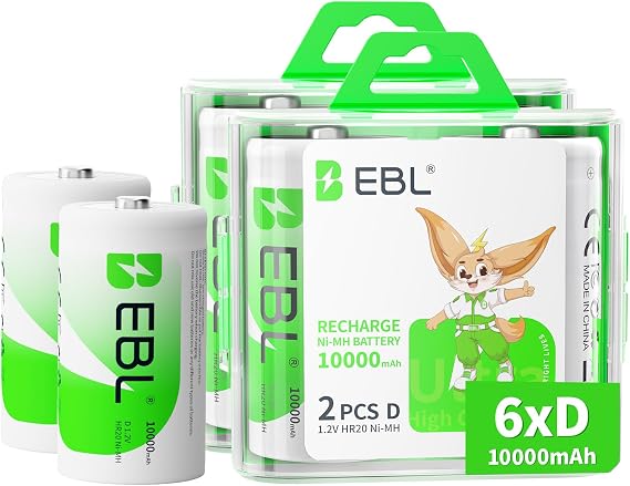 EBL D Battery D Size Rechargeable Batteries 10,000mAh Ni-MH, Pack of 6 - ProCyco Technology