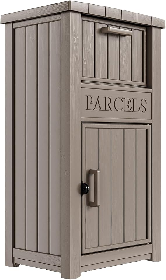 DRATO Outdoor Weatherproof Package Delivery Box,Secure Lockable Resin Parcel Drop Box for Outside,Anti-Theft Design,for Porch, Home, Curbside,Office,Light Brown