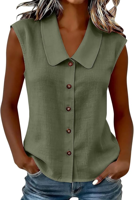 Beessbest Womens Button Down Shirts Cap Sleeve Linen Shirts Casual Collared Button Down Blouses Solid Color Tunic Tops