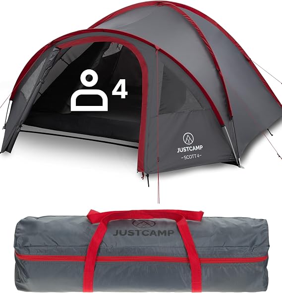 JUSTCAMP Scott Camping Tent with Anteroom Igloo Tent for 3 or 4 Persons Double-Walled Dome Tent