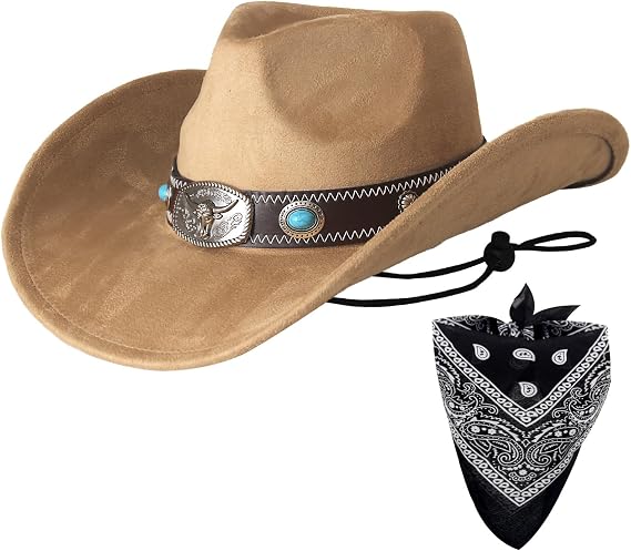 Wildarms Cowboy Hat with Bandana - Adjustable Wide Brim Western Hat for Men & Women,Rodeo Christmas Cowgirl Hats Gifts
