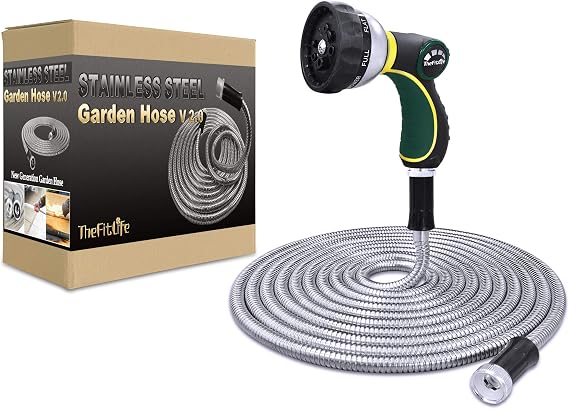 TheFitLife Flexible Metal Garden Hose - 25/50/75/100 FT 304 Stainless Steel Water Hose with Newest Spray Nozzle and Solid Metal Fittings, Lightweight, Kink Free, Durable and Easy to Store (25 Feet)